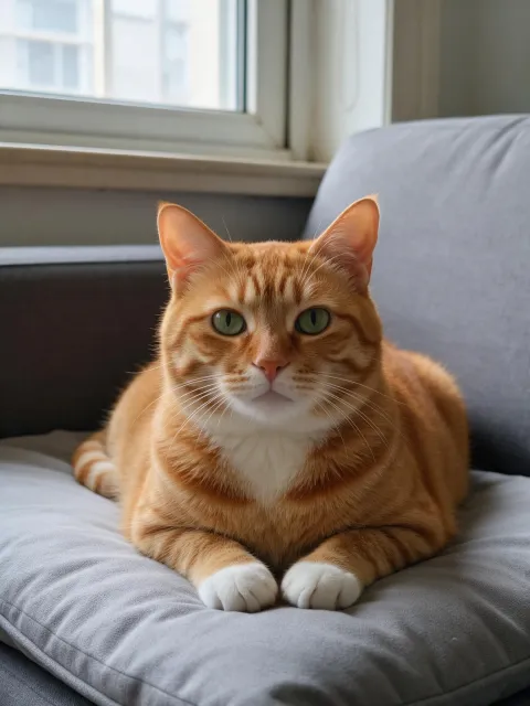 Phone photo of an orange tabby cat lying on a grey sofa