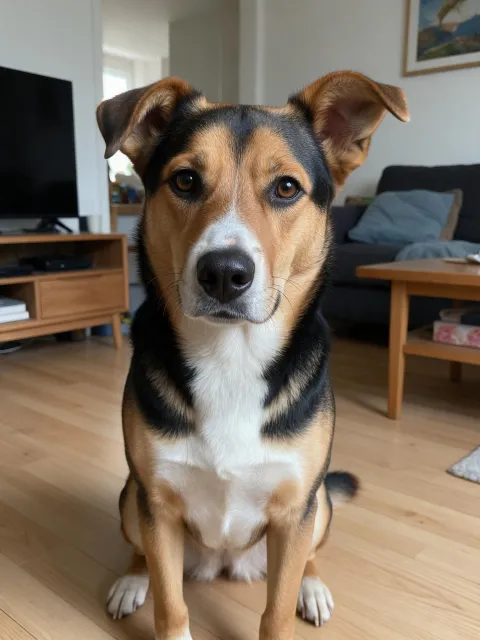Phone photo of a tricolor dog sitting on a wooden floor