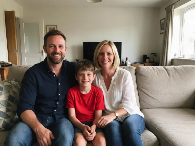 Family photo of two parents and a boy on a sofa