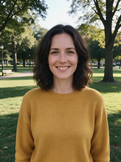 Phone photo of a woman in a mustard sweater in a park