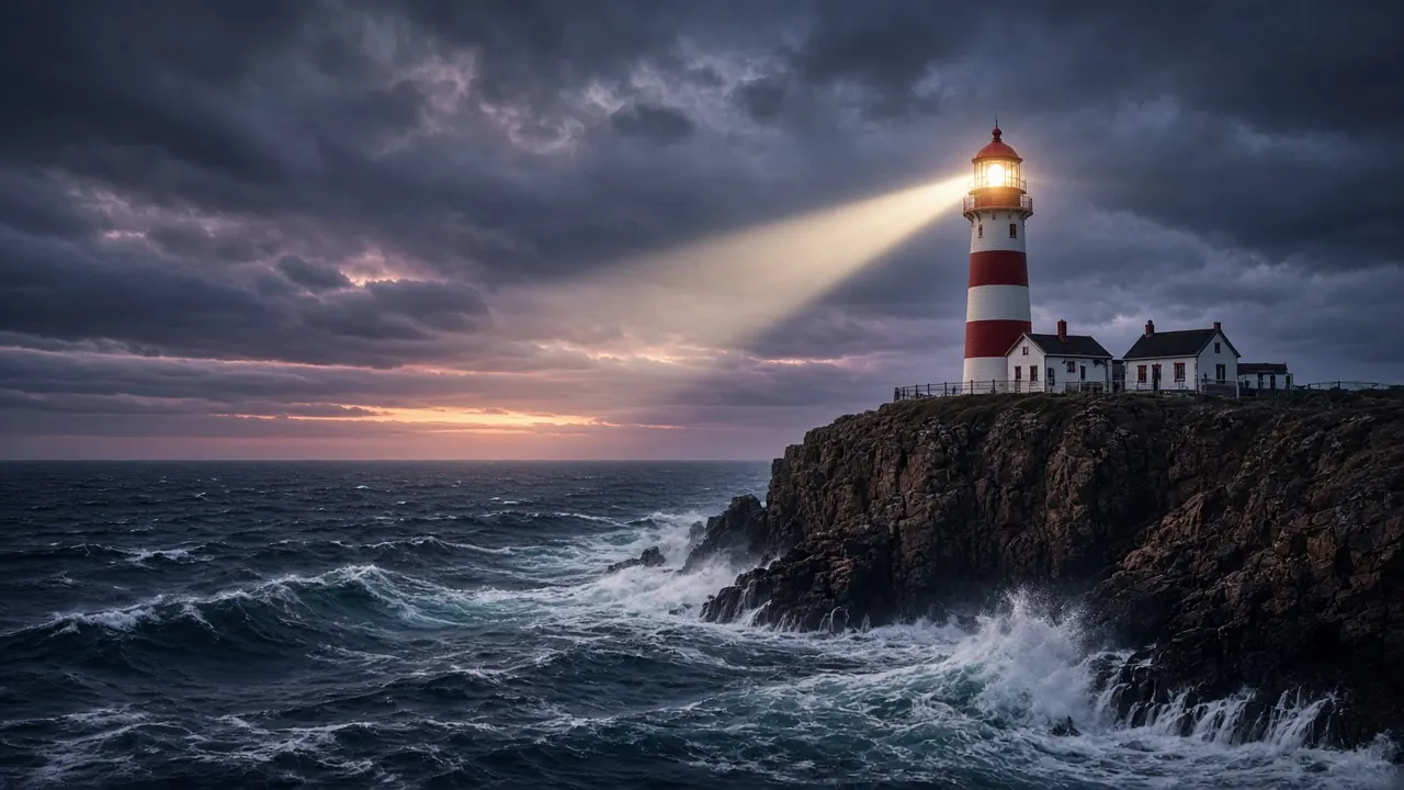 a red and white lighthouse on a rocky cliff at dusk, stormy sea, lighthouse beam on