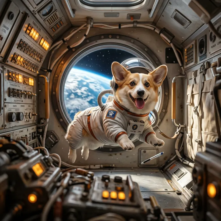 a corgi astronaut floating inside a spaceship cabin, Earth in the window