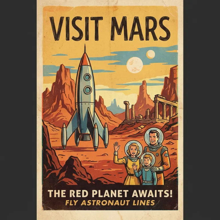 a vintage travel poster that says "VISIT MARS" in bold letters, retro rocket