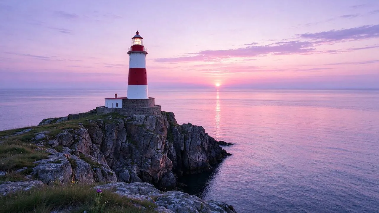 a red and white lighthouse on a rocky cliff at dawn, calm sea, soft pink sky