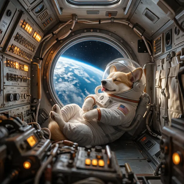 the same corgi astronaut asleep and curled up in the same spaceship cabin, keep the suit and the window